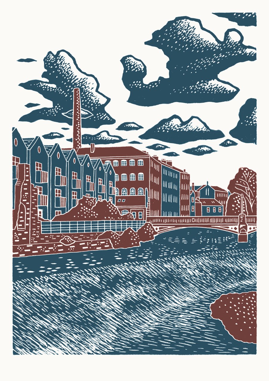 Sheffield City View No.10 A3 poster print (deep red & blue)