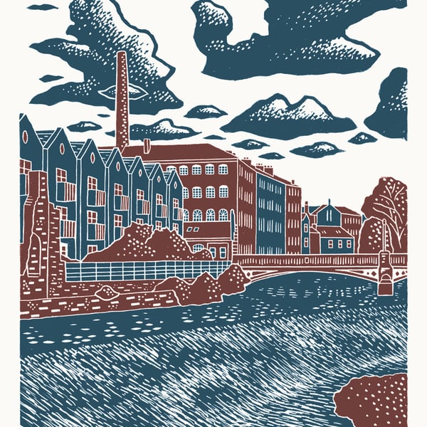 Sheffield City View No.10 A3 poster print (deep red & blue)