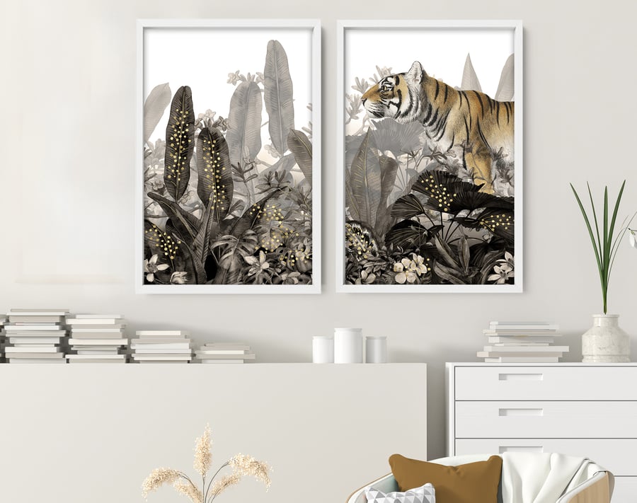 Rainforest wall art Set of 2 Art prints, Office Decor wall art, Tropical Gold li