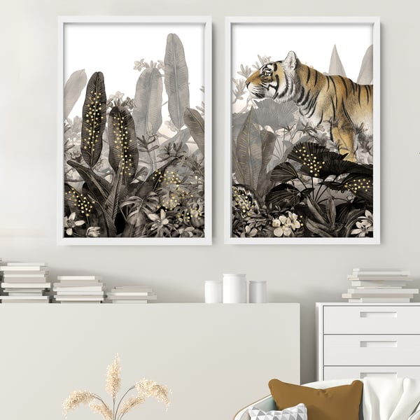 Rainforest wall art Set of 2 Art prints, Office Decor wall art, Tropical Gold li