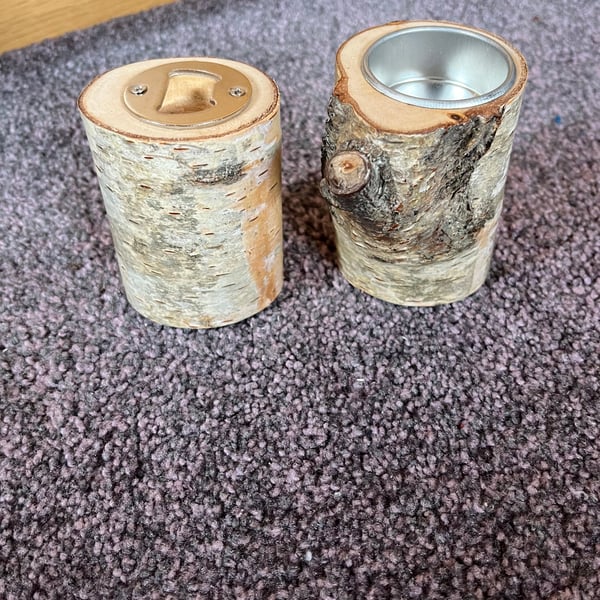 Rustic Bottle opener and tealight holder set