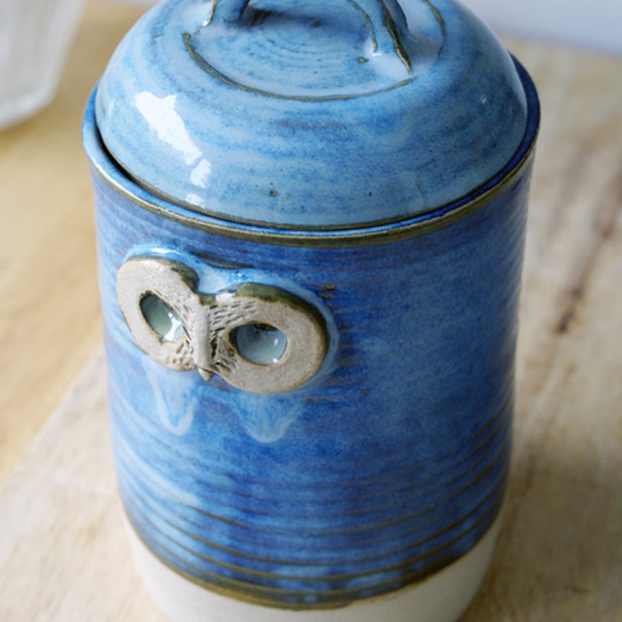 Lidded owl garlic jar glazed in midnight blue - handmade stoneware pottery