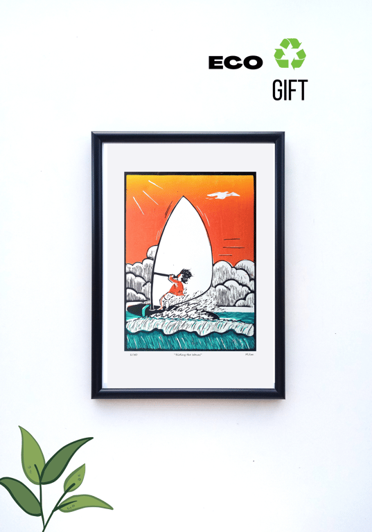 Handprinted ECO Linocut Windsurfer Waves Print Water Sports