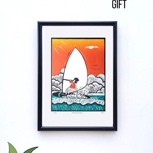 Handprinted ECO Linocut Windsurfer Waves Print Water Sports