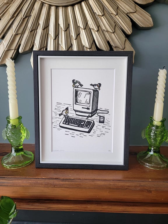 Chickadees working. Handprinted linocut bird print