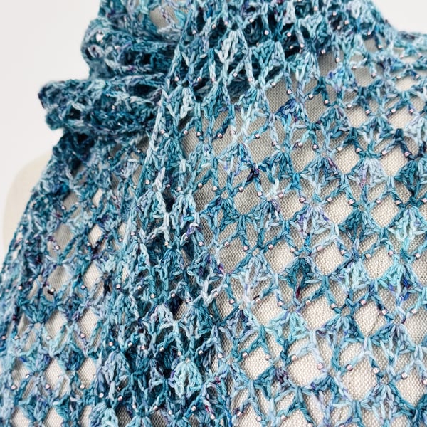 Lacey Blue Merino Wool Scarf with Beads