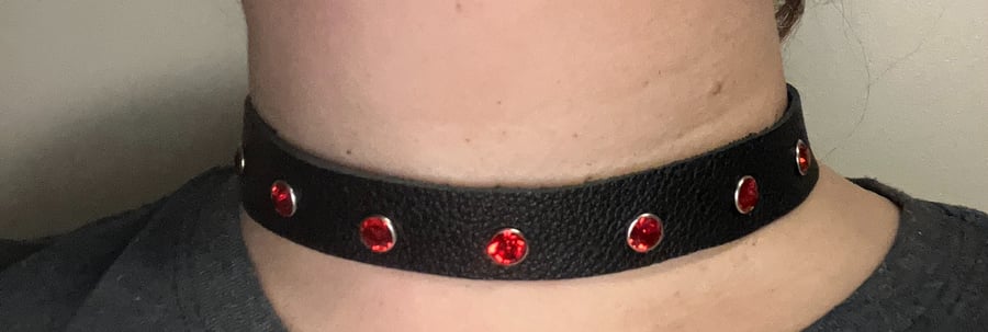 Black Leather Choker with 7 Red Gemstones (custom sized 14"-16")
