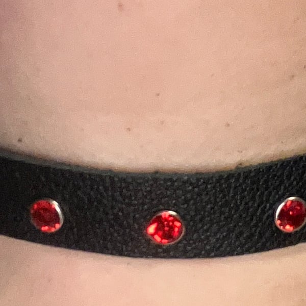 Black Leather Choker with 7 Red Gemstones (custom sized 14"-16")