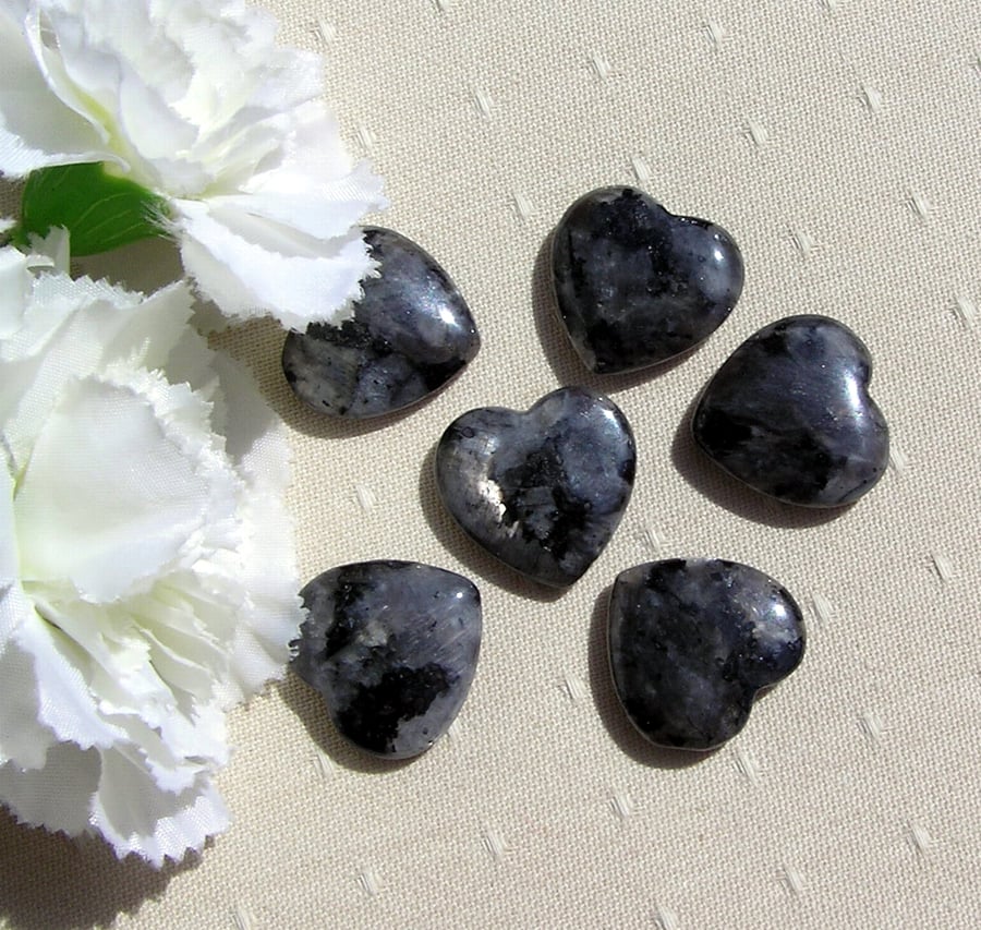 6 Black Spectrolite Solid Gemstone Polished Hearts - 20mm - Chakra, Crafting
