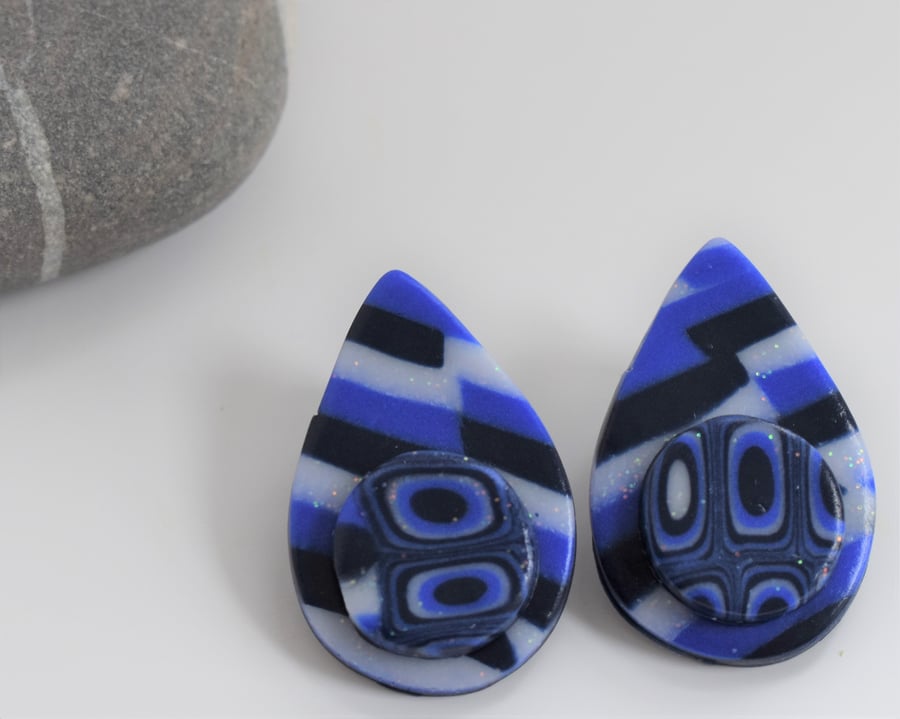 Blue & Glitter-White, Petal Shaped, Handmade, Polymer Clay Earrings