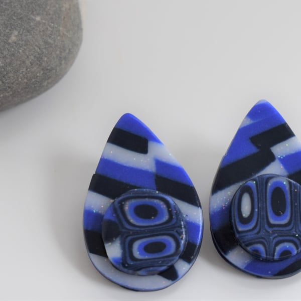 Blue & Glitter-White, Petal Shaped, Handmade, Polymer Clay Earrings