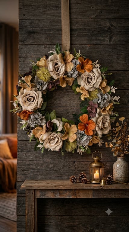 Autumn Floral Door Wreath, Vintage Neutral Faux Flower Door Hanger, 40 cm