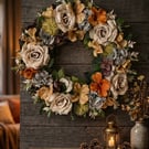 Autumn Floral Door Wreath, Vintage Neutral Faux Flower Door Hanger, 40 cm