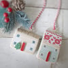Set of 2 Wooden Christmas House Hanging Decorations