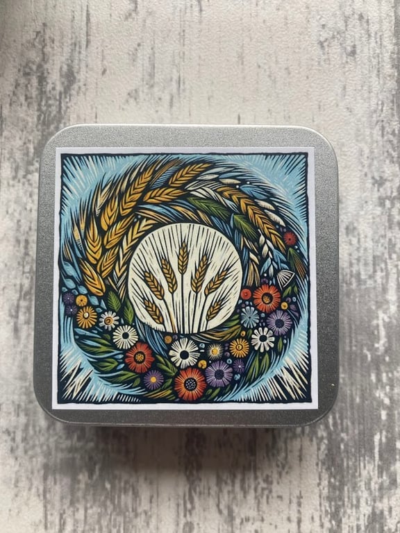 Harvest storage tin square buttons, stitch markers, beads, knitting and sewing