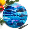 Pink and Blue Glass Chopping Board with Landscape Design, Round or Rectangle 