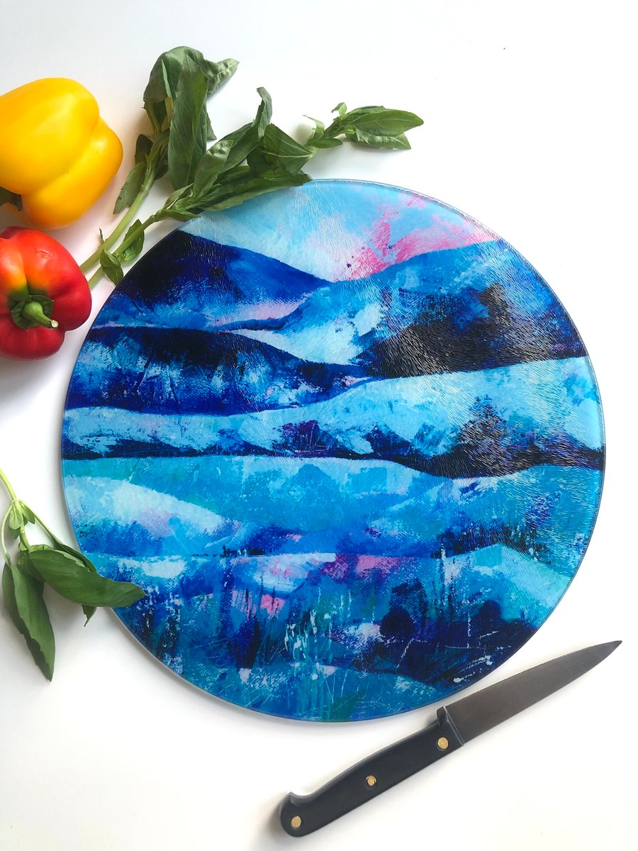 Glass Chopping Board with Pink and Blue Landscape Design, Round or Rectangle 