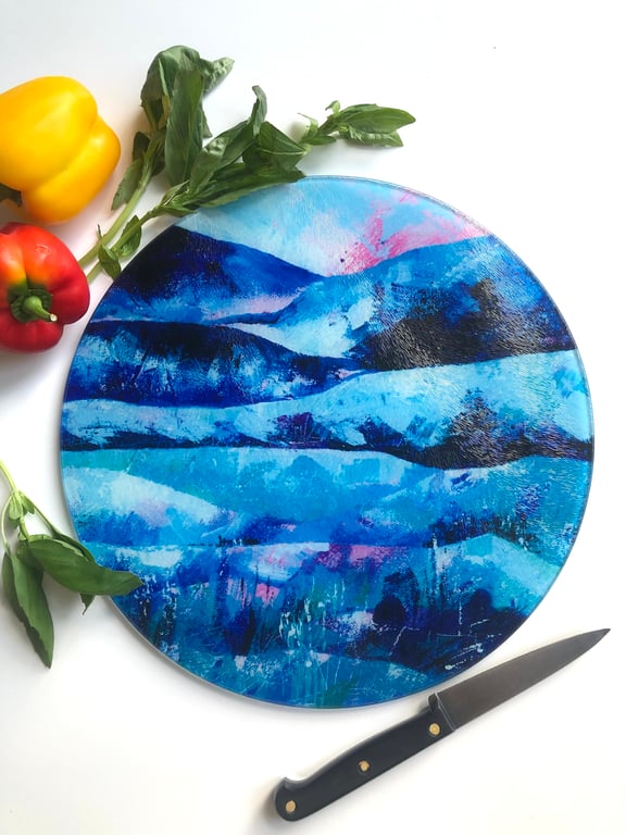 Glass Chopping Board with Pink and Blue Landscape Design, Round or Rectangle 
