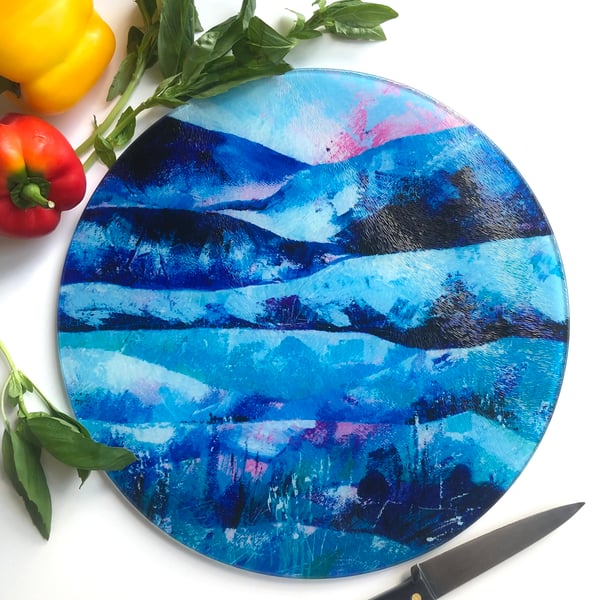 Glass Chopping Board with Pink and Blue Landscape Design, Round or Rectangle 