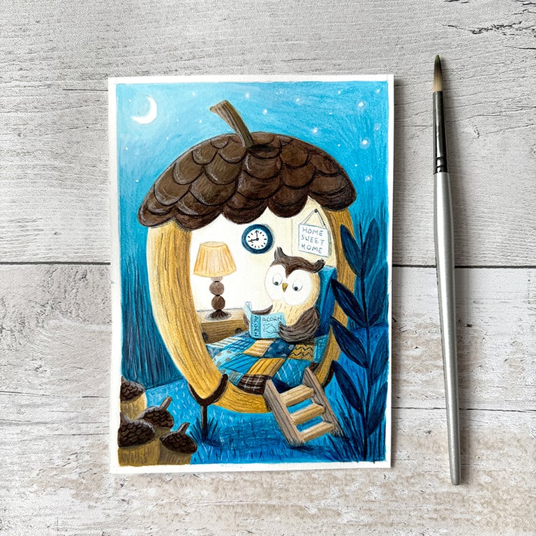 Original Owl Painting - Gouache Painting - One of a kind