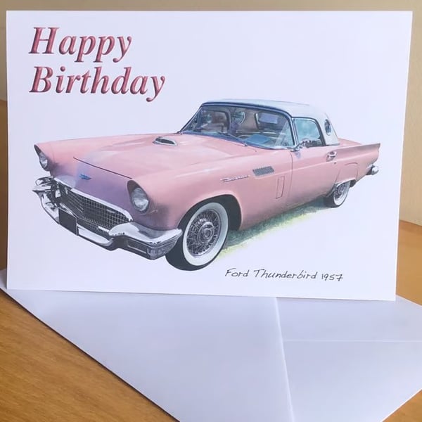 Ford Thunderbird 1957 (Pink) - Birthday, Anniversary, Retirement or Plain Card