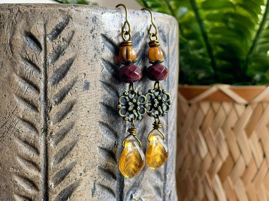 Amber Czech Glass Leaf Earrings. Burgundy & Ochre Boho Drops. Autumn Jewellery
