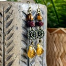 Amber Czech Glass Leaf Earrings. Burgundy & Ochre Boho Drops. Autumn Jewellery