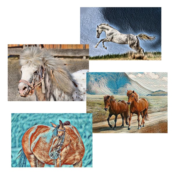  Pack of 4 Mixed Horse Pony Themed Cards A6 