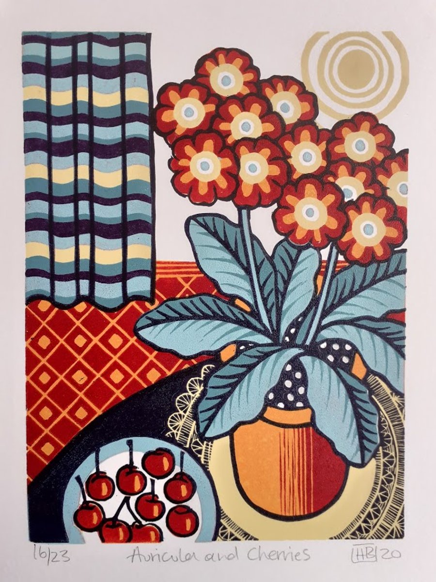 Auricula and Cherries - Limited edition handmade linocut print