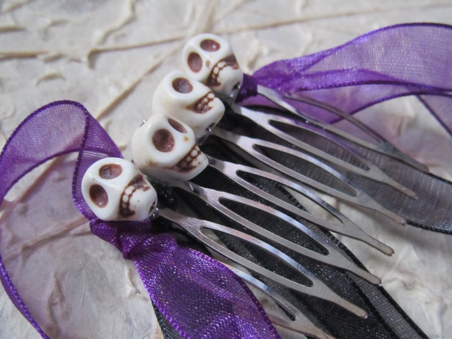 White howlite skull hair comb with black and purple organza ribbon