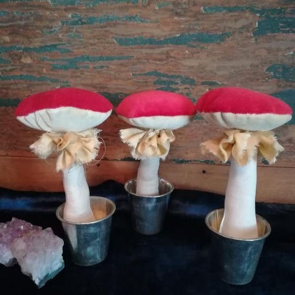 Set of 3 textile art toadstools, velvet textile... - Folksy