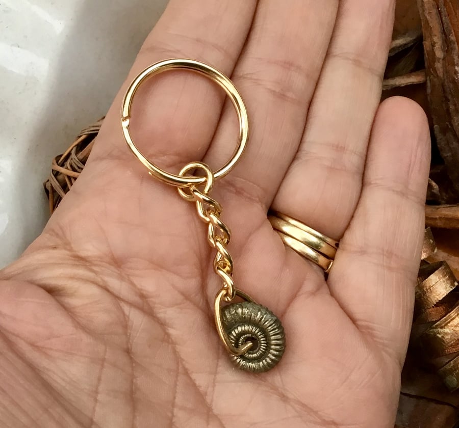 Small Prestige Golden Pyrite Ammonite Fossil Keyring or Handbag Charm.