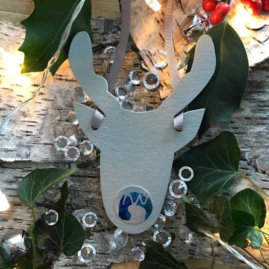 Reindeer Christmas Decoration- Hand Decorated Wooden Blue Grey 