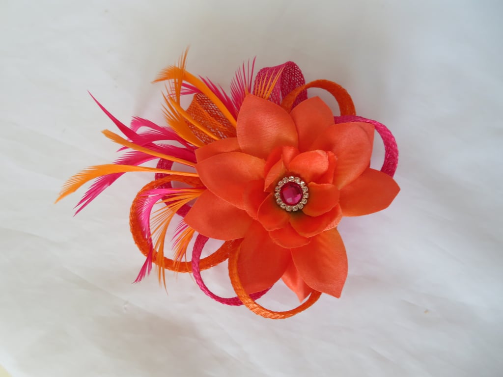Small Bright Orange and Cerise Pink Sinamay Loop & Feather Flower Comb
