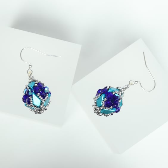 Blue and Turquoise Beaded Bead Earrings