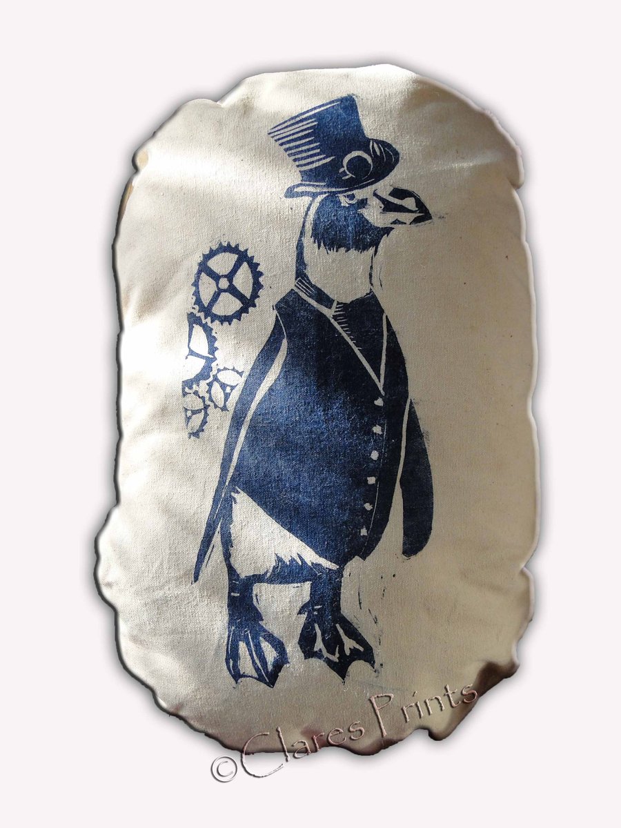 Steampunk Penguin Cream Stuffie Cushion Hand Printed Linocut Handmade