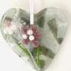 Cast glass hanging heart in grey and mauve 