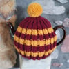 Medium Tea Cosy for 6 Cup Tea Pot, Dark Red & Gold Striped, Hand Knitted