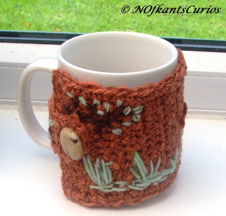 Dragonfly Scene Crocheted & Embroidered Mug Cosy!  Give your mug a hug!