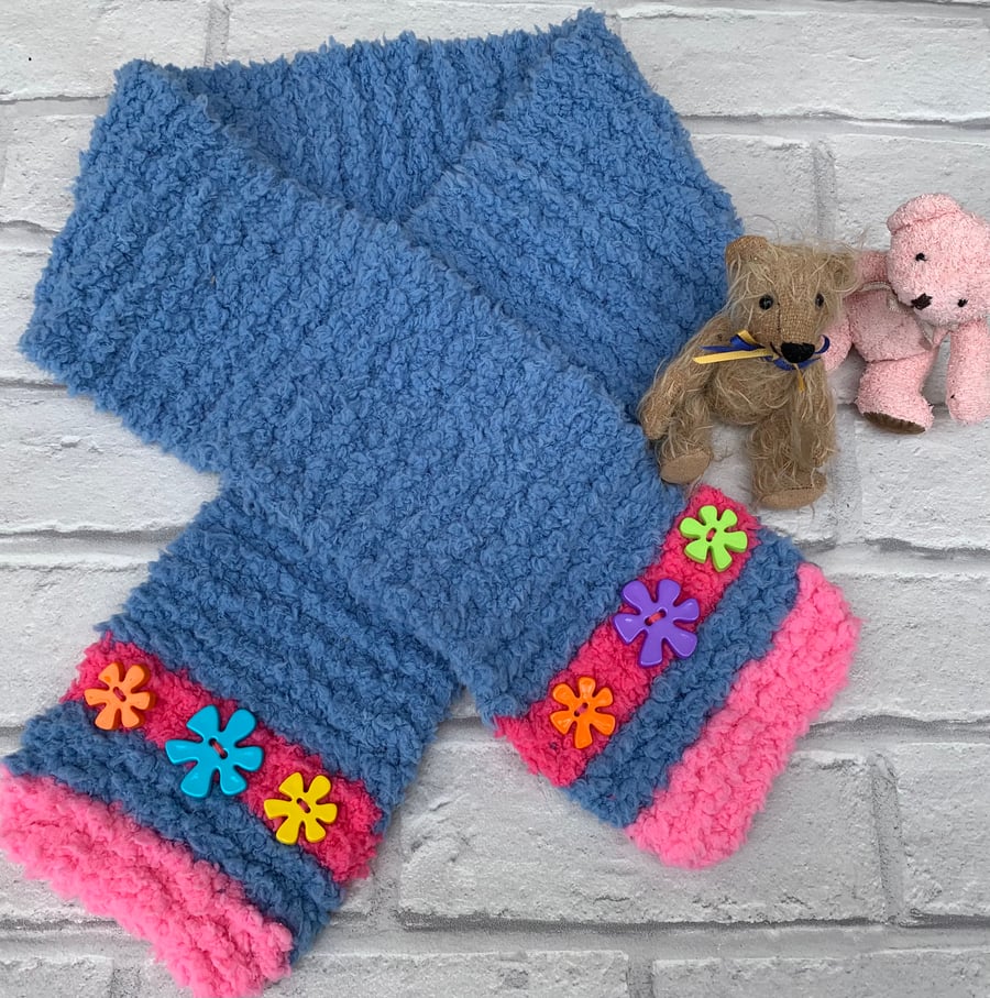 Knitted  toddler scarf  in blue and pink 