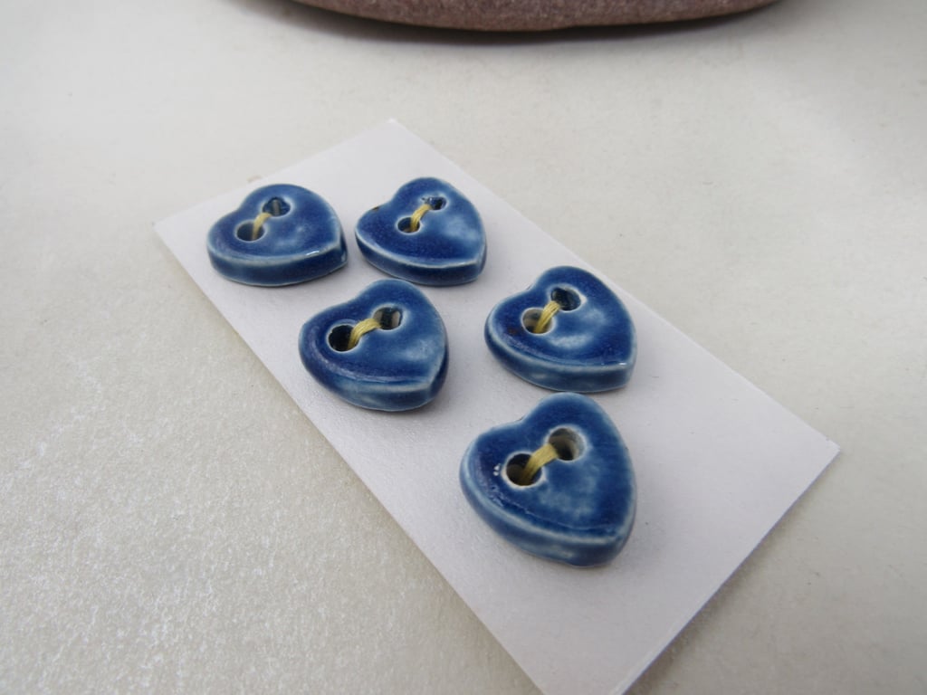 5 Small Heart Shaped Ice Blue Ceramic Buttons
