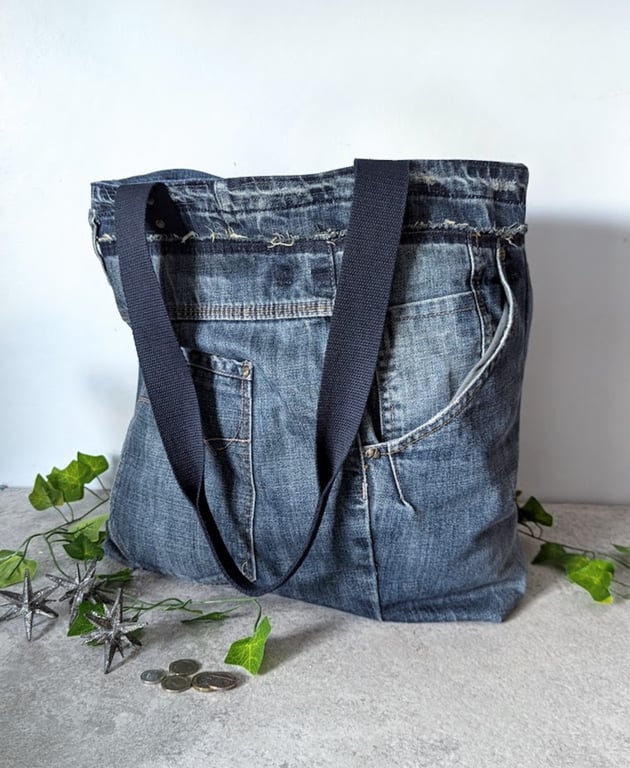 Oversized Denim Tote Bag. Recycled Denim Extra Large Slouchy Tote