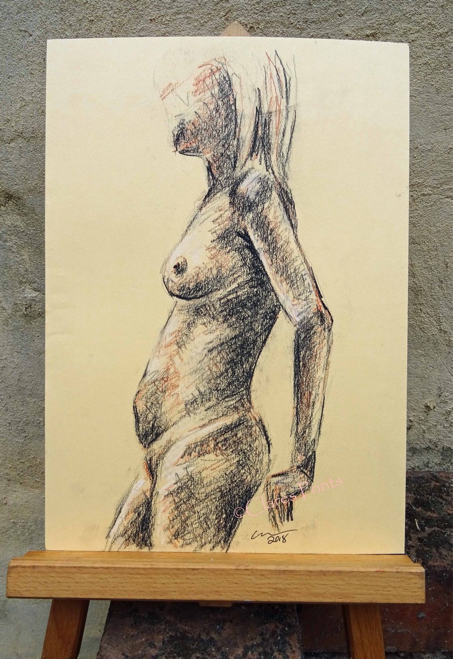Leaning Nude Lady Original Drawing Art 