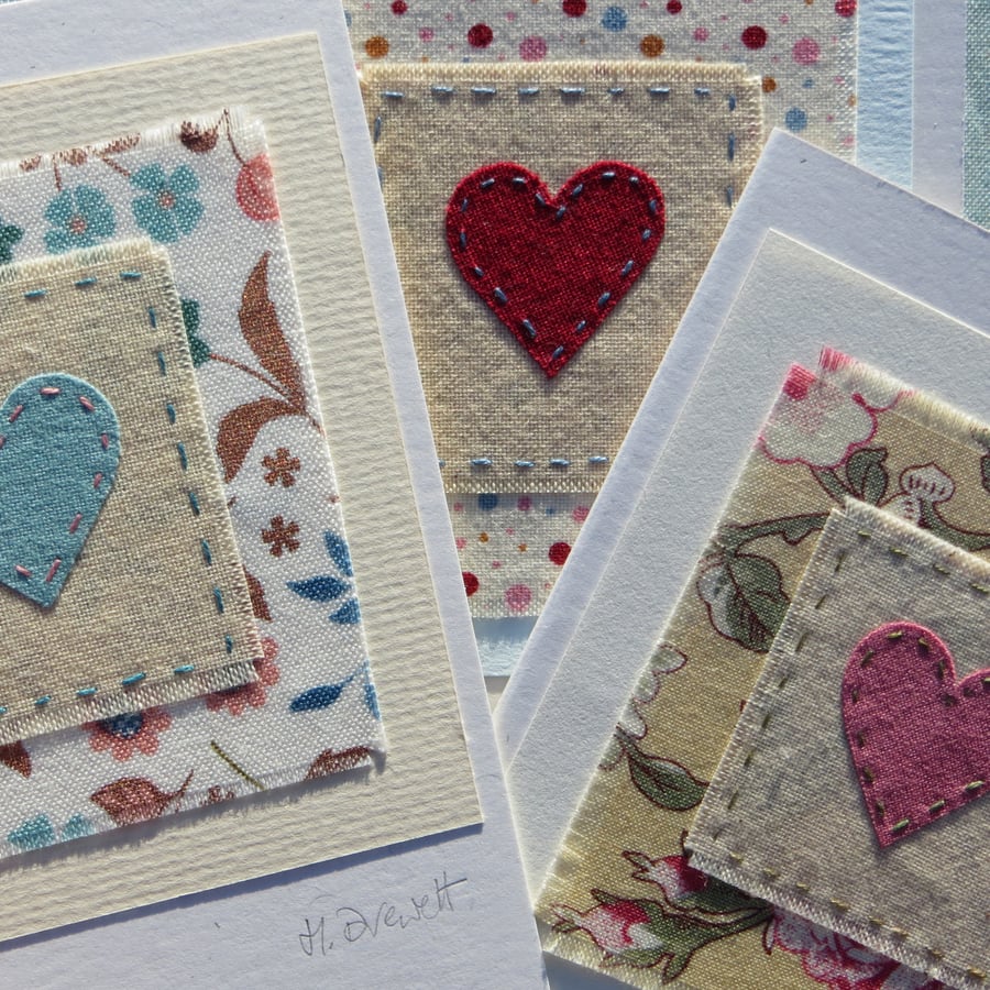 Three hand-stitched heart cards to send to loved ones, birthday, anytime!