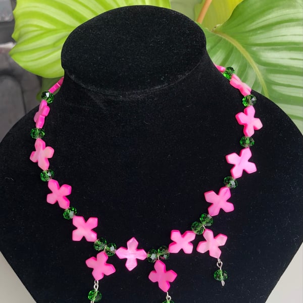 Pink Mother of Pearl and Green Crystal 16.5” Necklace