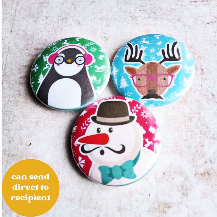 Christmas Badge Set with Snowman, Penguin and Reindeer