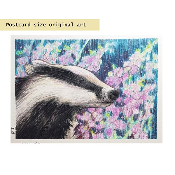 Badger with lilac flowers, original animal drawing, badger art