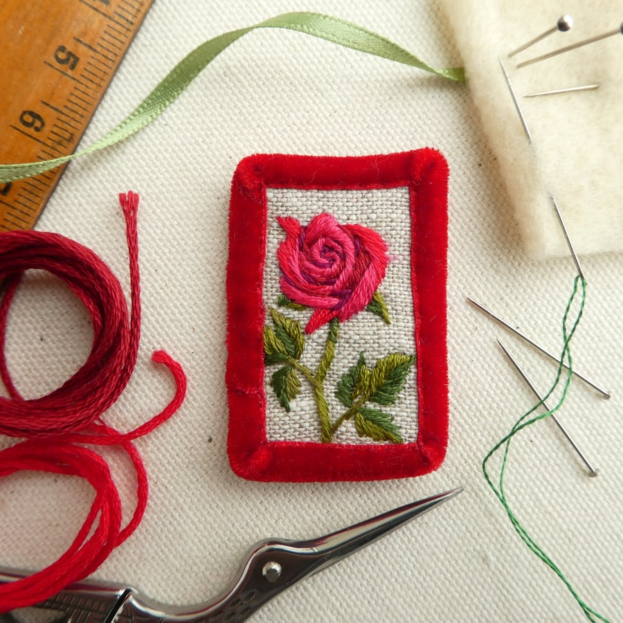 Red Rose textile brooch