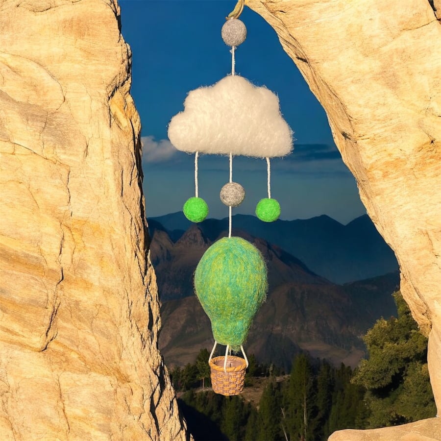 Nursery wall hanging, mobile, hot air balloon, needle felted, in green
