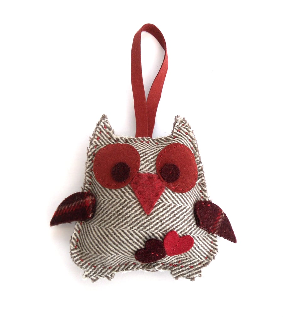 Felt owl decoration , Recycled wool hanging ornament 